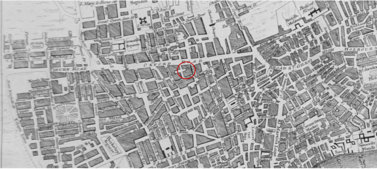 London 1770, Pantheon Location Circled in Red