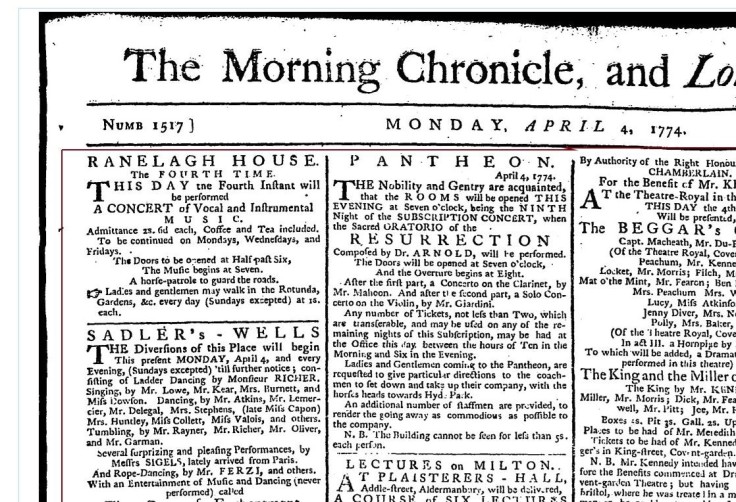 Morning Chronicle April 4 1774, Advertising London Pantheon